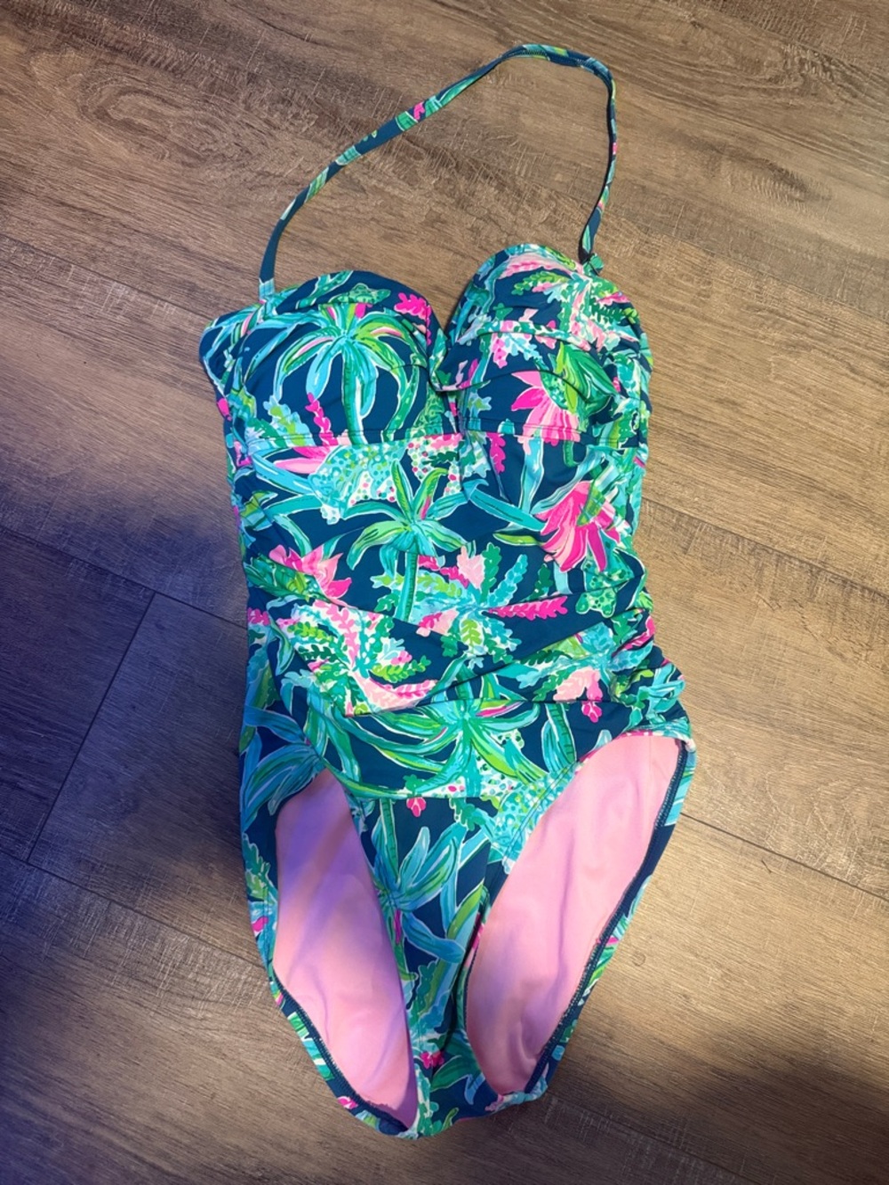 Lilly Pulitzer Tropical Palm Ruched One-Piece Swimsuit - Navy, Green & Pink